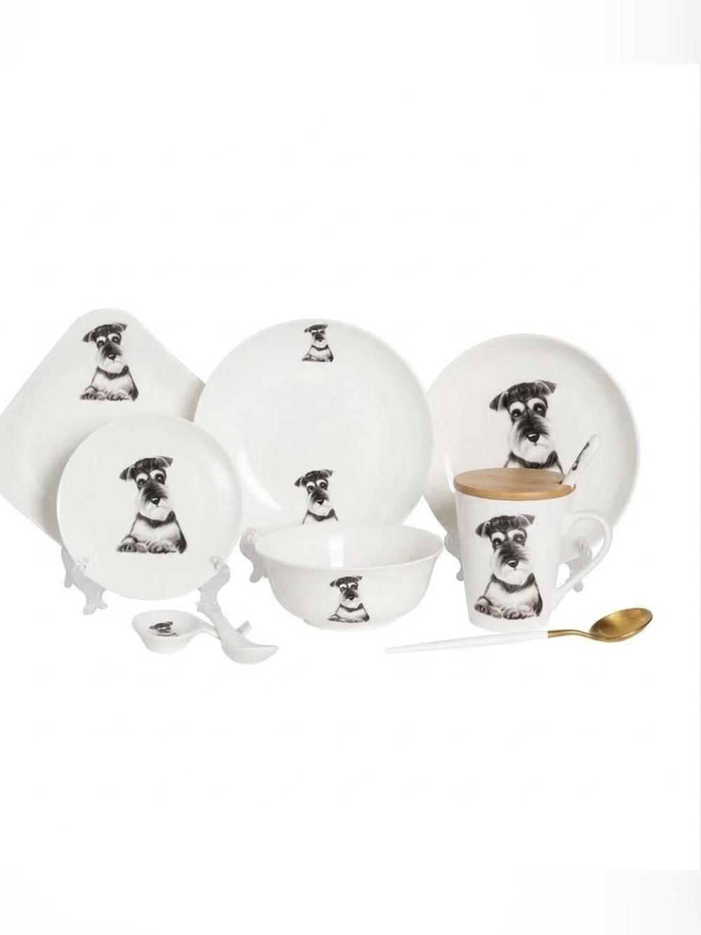 Schnauzer Dog Pet Portrait Porcelain China Dinnerware Set 11Pc